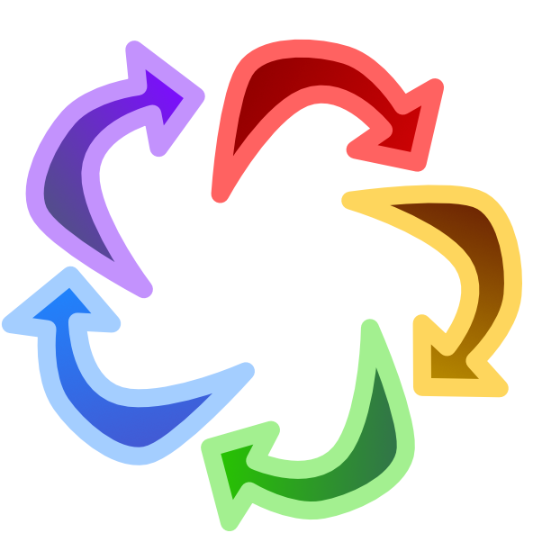 5 curved arrows form a circle by pointing to each other. Each arrow is a different color, red, yellow, green, blue, and purple. The start of each arrow is lighter than its point. The image has light line art.